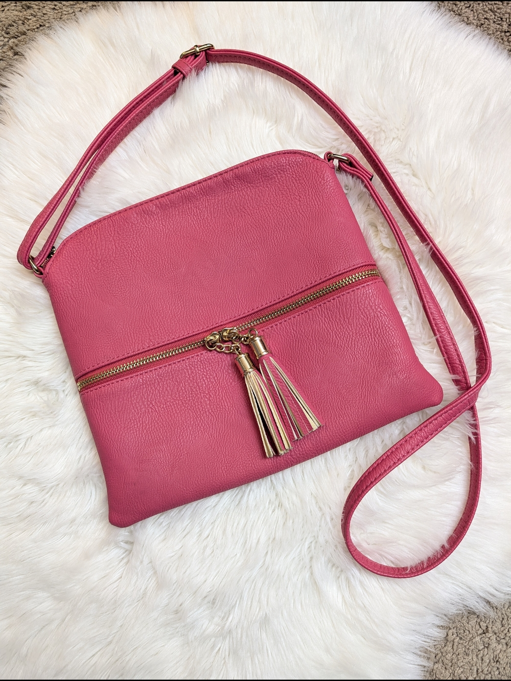 Bright Pink Tassel Crossbody Bag With Gold Hardware